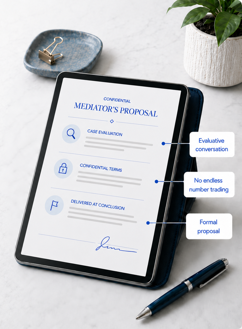 Confidential Mediator's Proposal document on tablet — ModernResolutions process