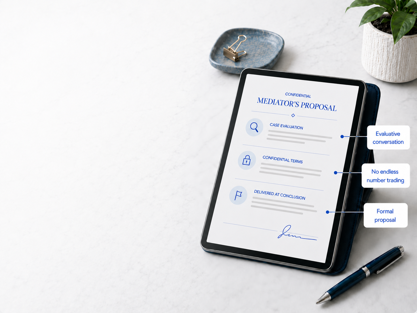 Confidential Mediator's Proposal document on tablet — ModernResolutions process